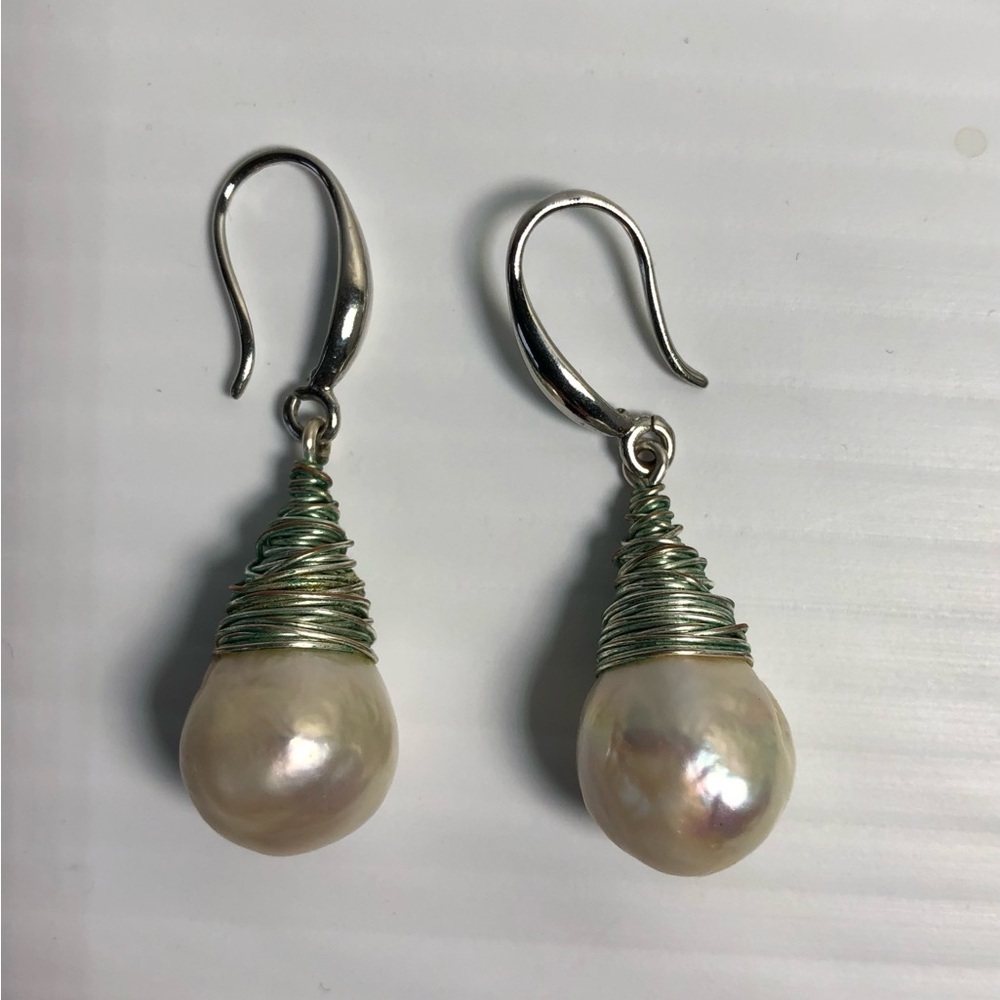 2/$19 Silver Tone Earrings with Large Baroque Pearl - Picture 2 of 3